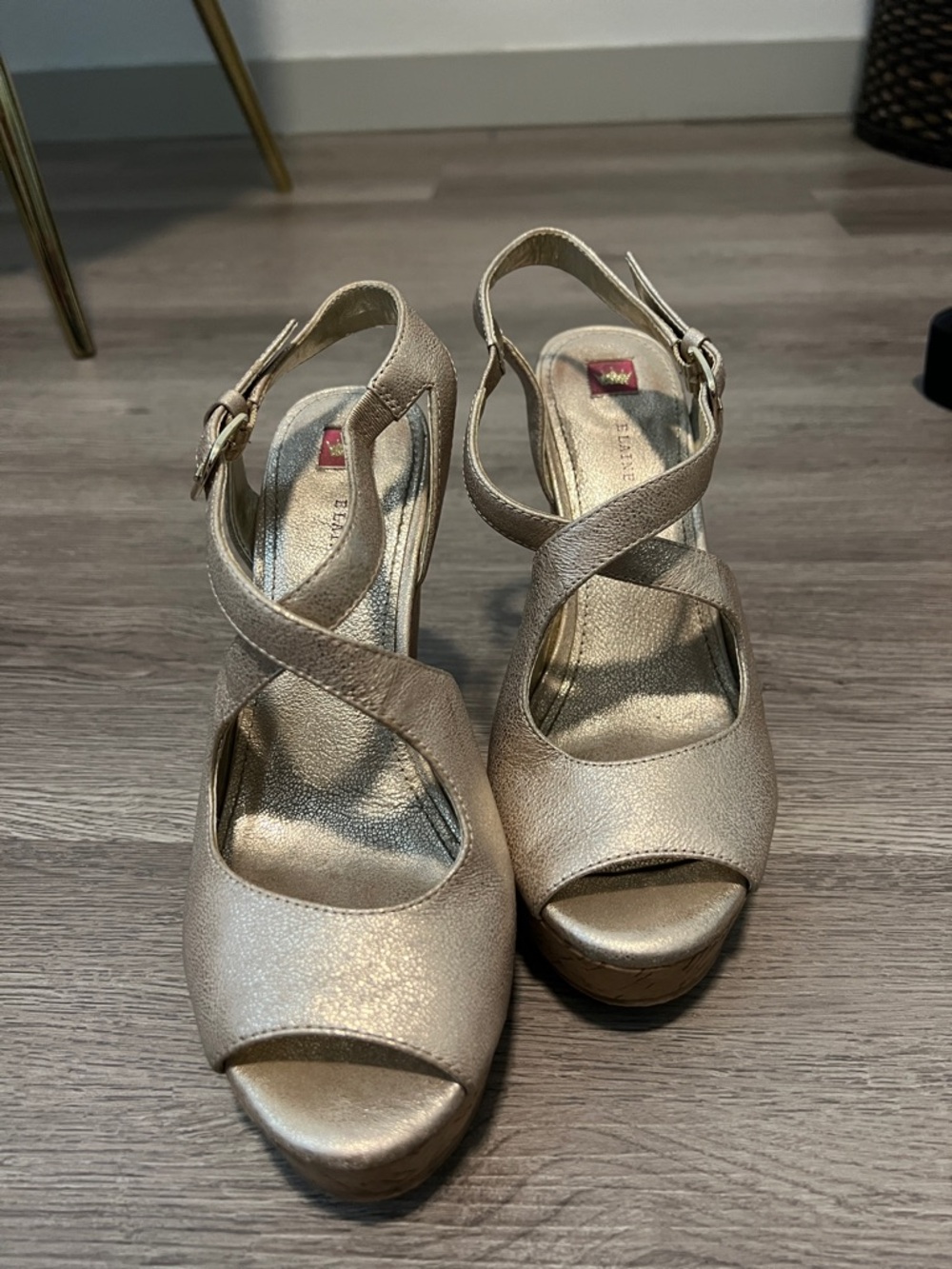 Elaine Turner Metallic Gold Crisscross Peep-Toe Wedges
